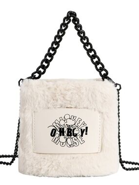 Oh Boy Mickey Mouse Cream Fur Crossbody HandBag with Black Chain